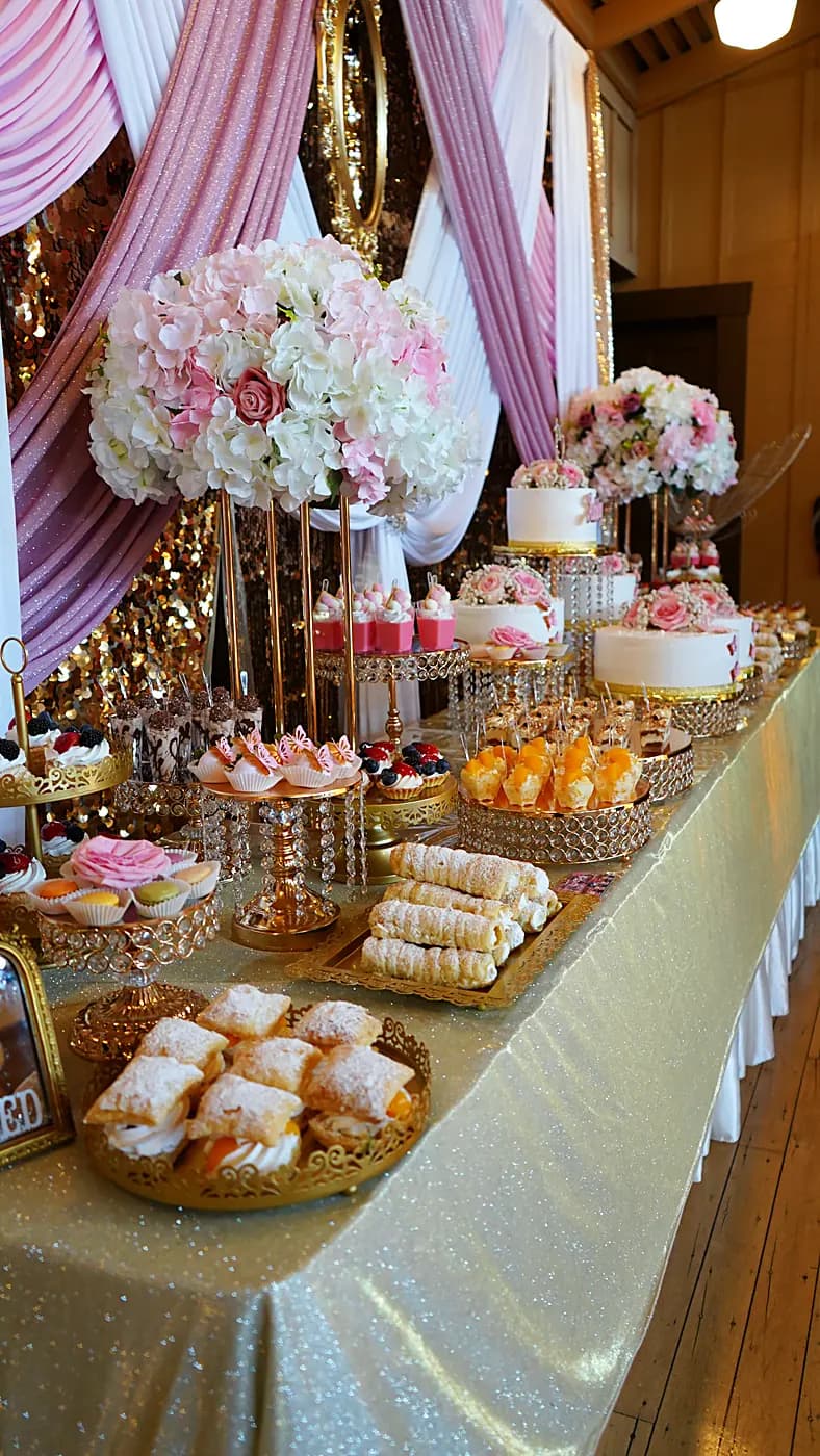 Mesa de postres estilo rosa y dorado