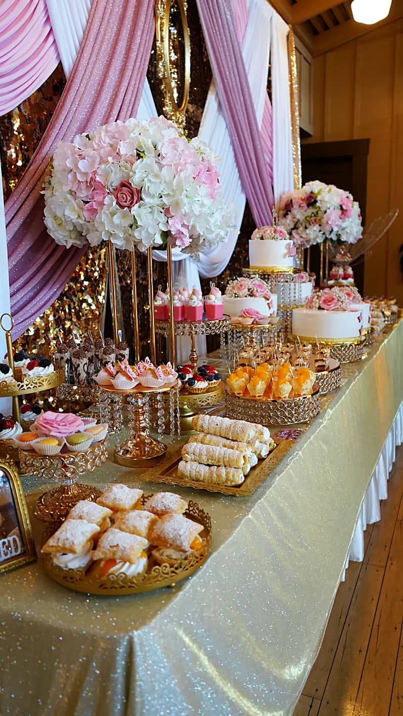 Mesa de postres rosa y dorado para quinceañera